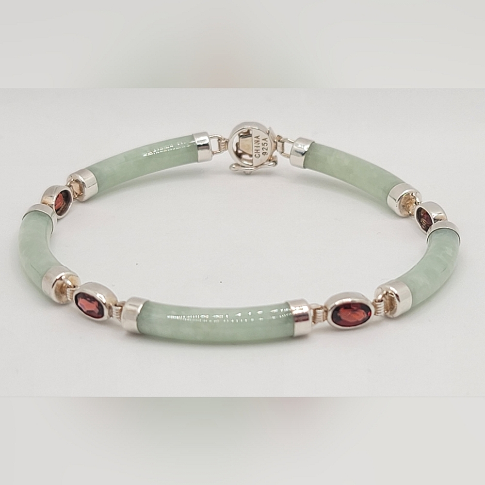 Sterling Silver Jade With Garnet Bracelet